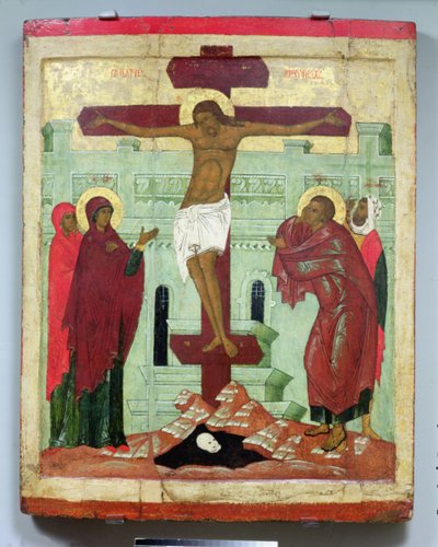 Icon depicting the Crucifixion with the Virgin, Mary Magdalene, St. John and the Centurion Longinus, Novgorod School by Russian School